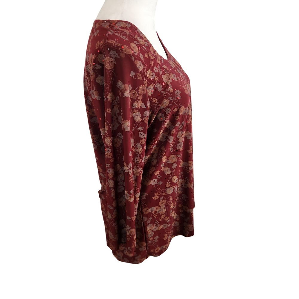 Susan Graver Burgundy Floral 3/4 Sleeve Sequin Top Size Medium Fall Autumn Shirt - Picture 2 of 8